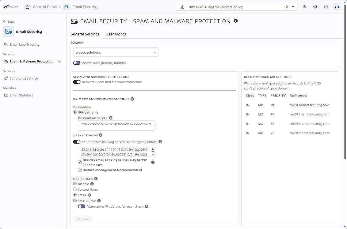 Screenshot of the WatchGuard Email Protection Spam and Malware Protection page